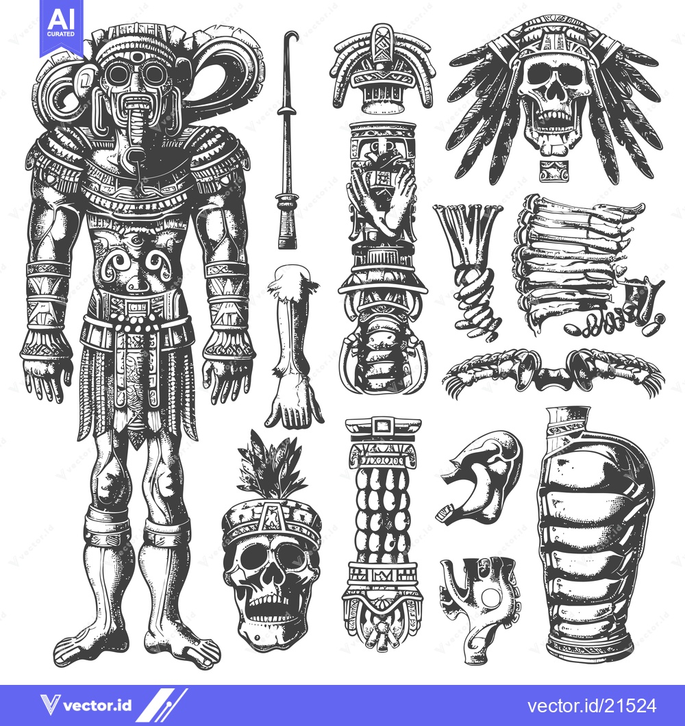 Premium Vector dari Aztec Warrior with Skull, Feathers, and Ritual Objects