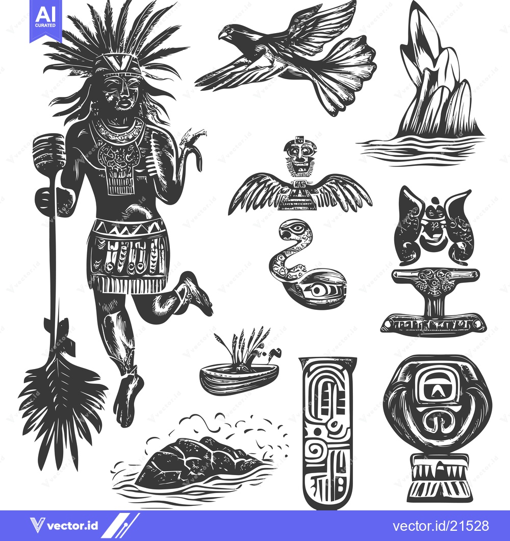 Premium Vector dari Aztec Warrior With Traditional Headdress and Weapon
