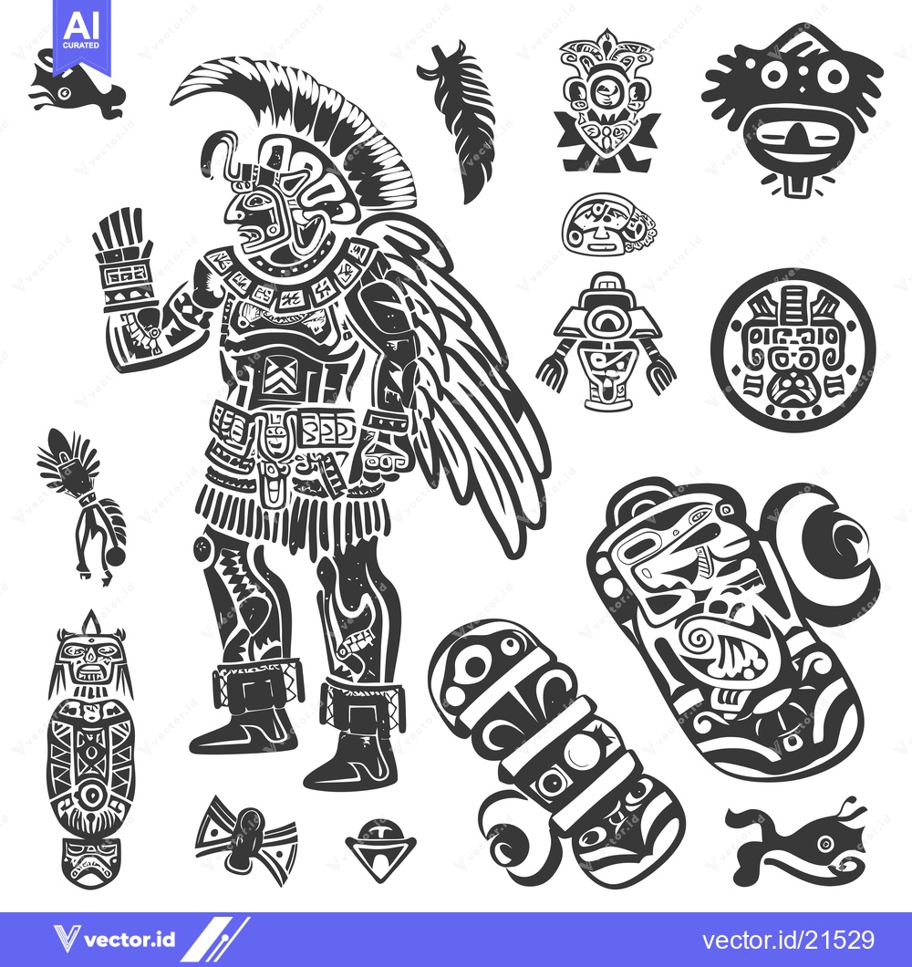Premium Vector dari Aztec Warrior with Traditional Ornaments and Symbols
