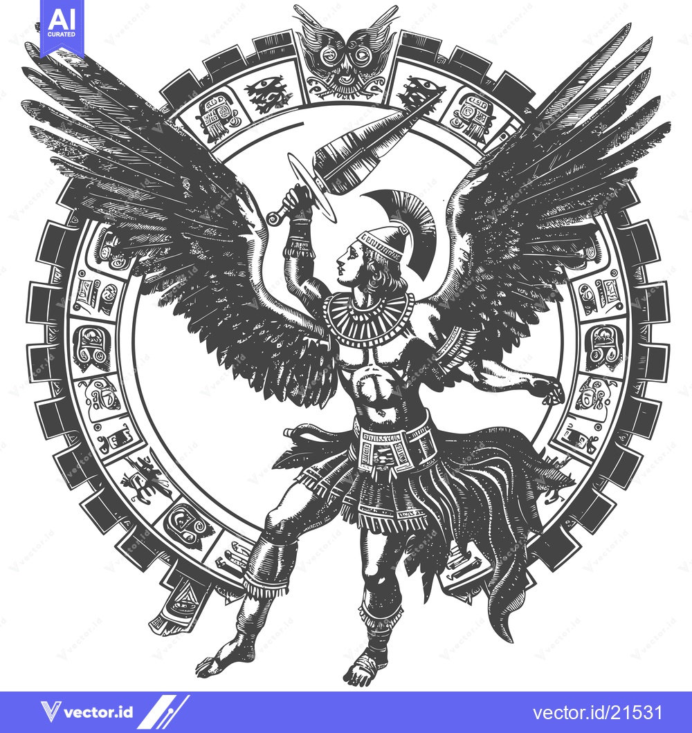Premium Vector dari Aztec Warrior with Wings and Weapon Holding a Shield
