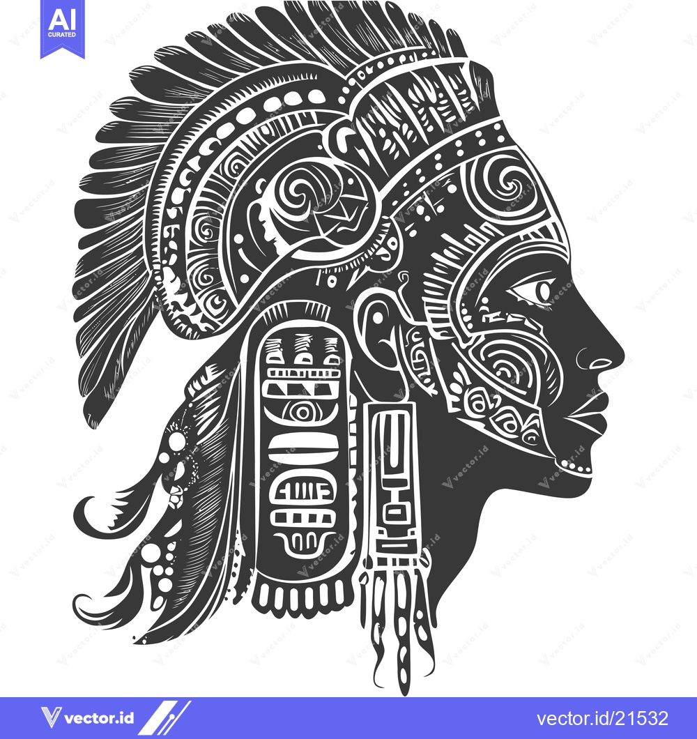 Premium Vector of Aztec Warrior Woman with Ornate Headdress and Face Paint