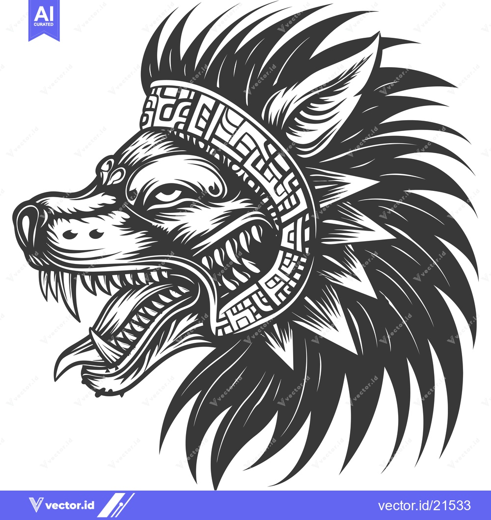 Premium Vector dari Aztec Wolf with Geometric Headband and Spiky Fur