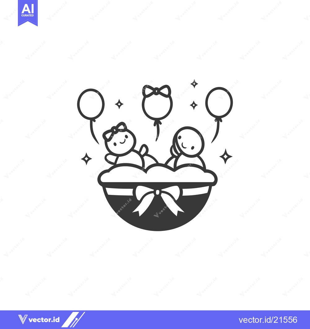 Premium Vector dari Two cartoon babies in a basket with balloons and decorative stars