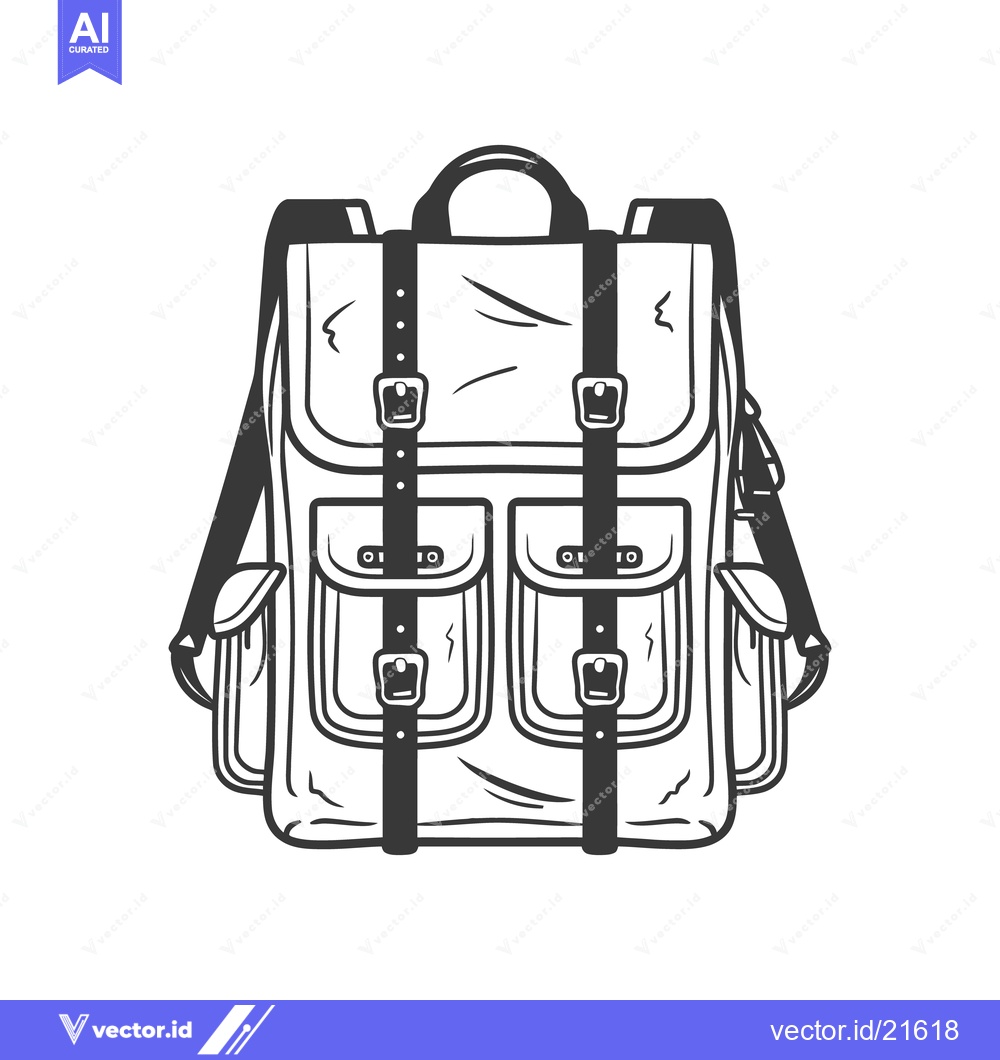 Premium Vector of A detailed monochrome illustration of a vintage backpack