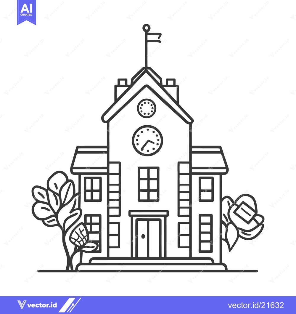 Premium Vector of A monochrome illustration of a school building with a flag
