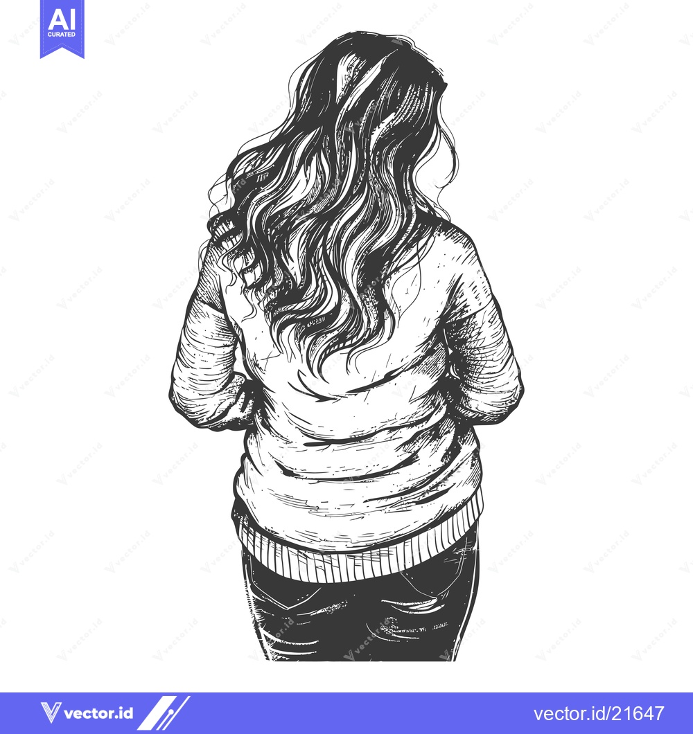 Premium Vector of Back view hand drawn sketch of a woman with long curly hair