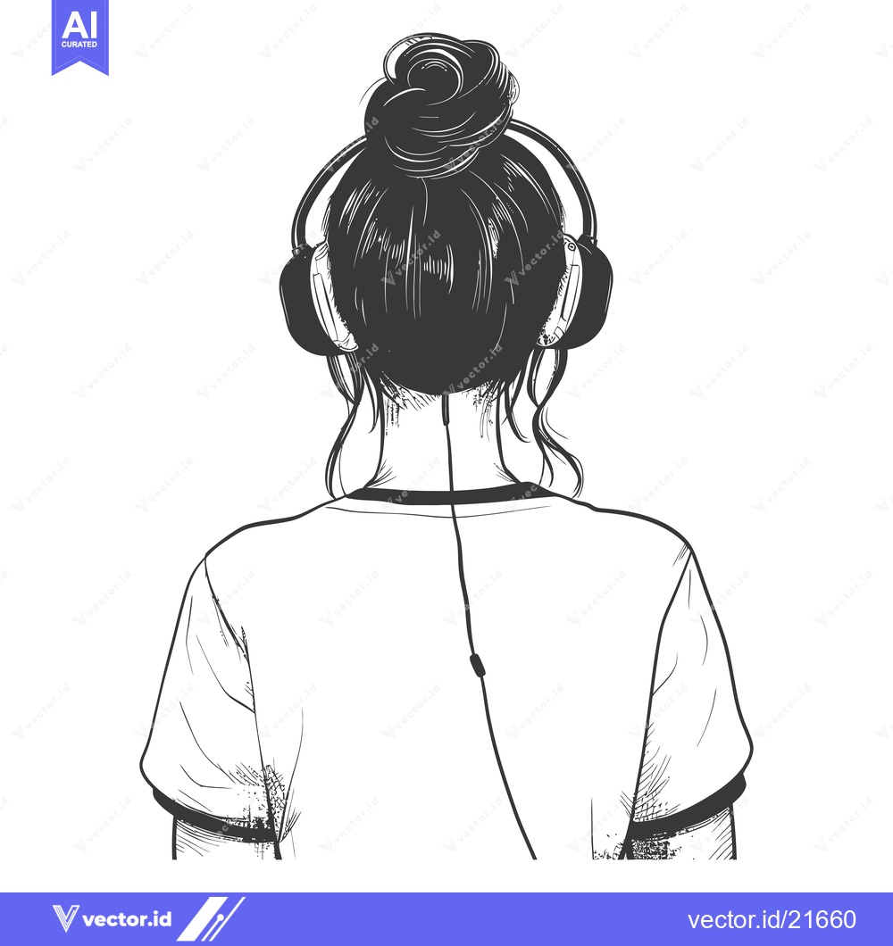 Premium Vector of Back View of a Woman Listening to Music with Headphones