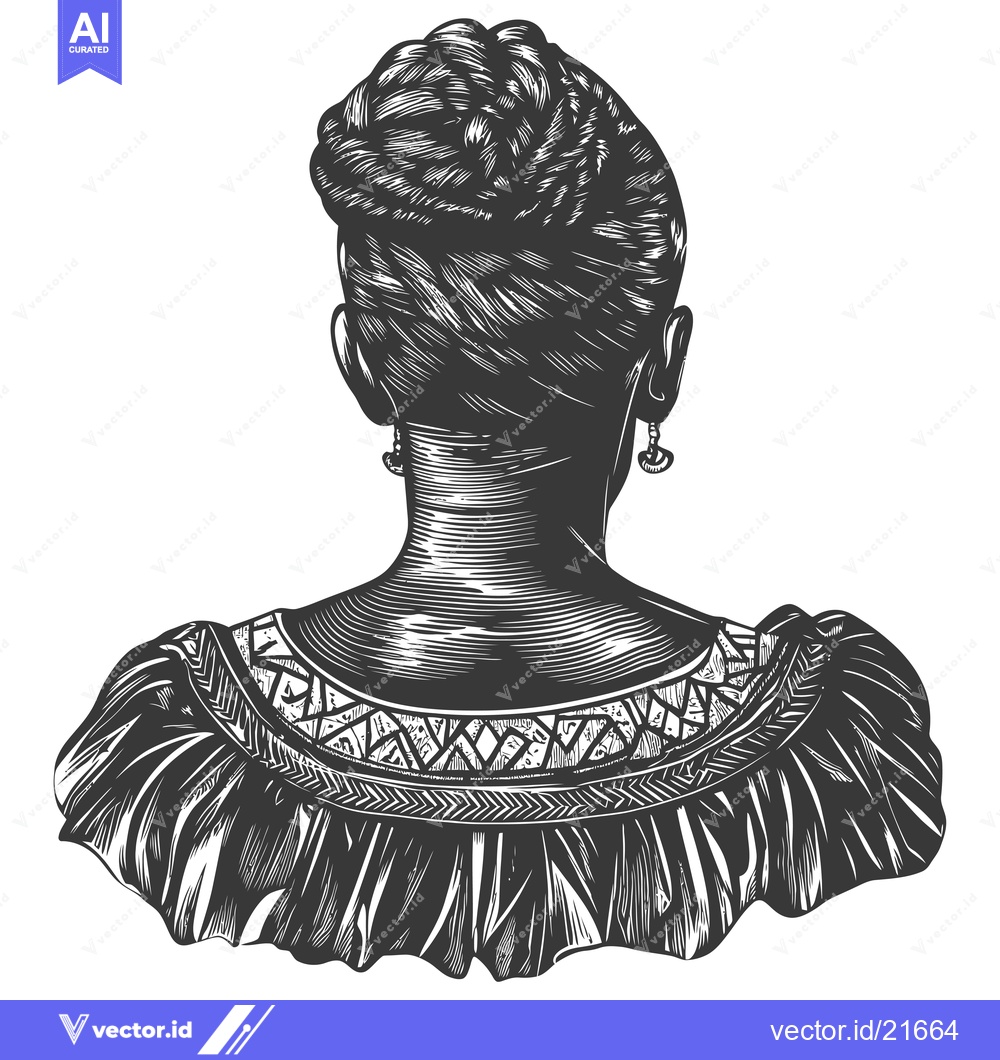 Premium Vector dari Back View of a Woman with Elaborate Hair and a Patterned Dress