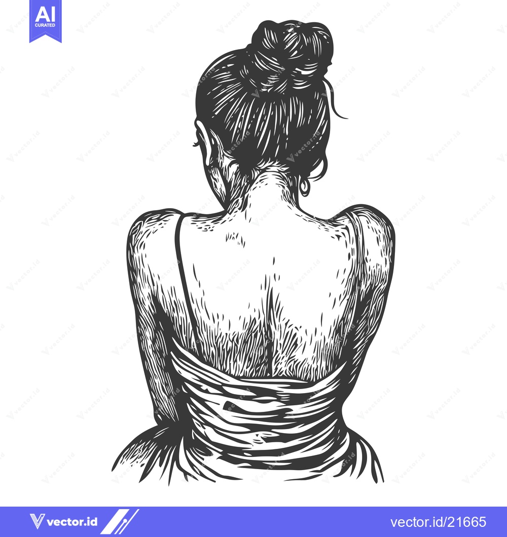 Premium Vector of Back view of a woman with hair in a bun wearing a dress