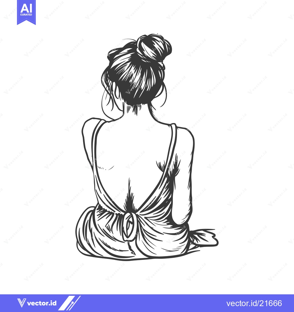 Premium Vector of Back View of a Woman with Hair in a Bun Wearing a Strapless Dress