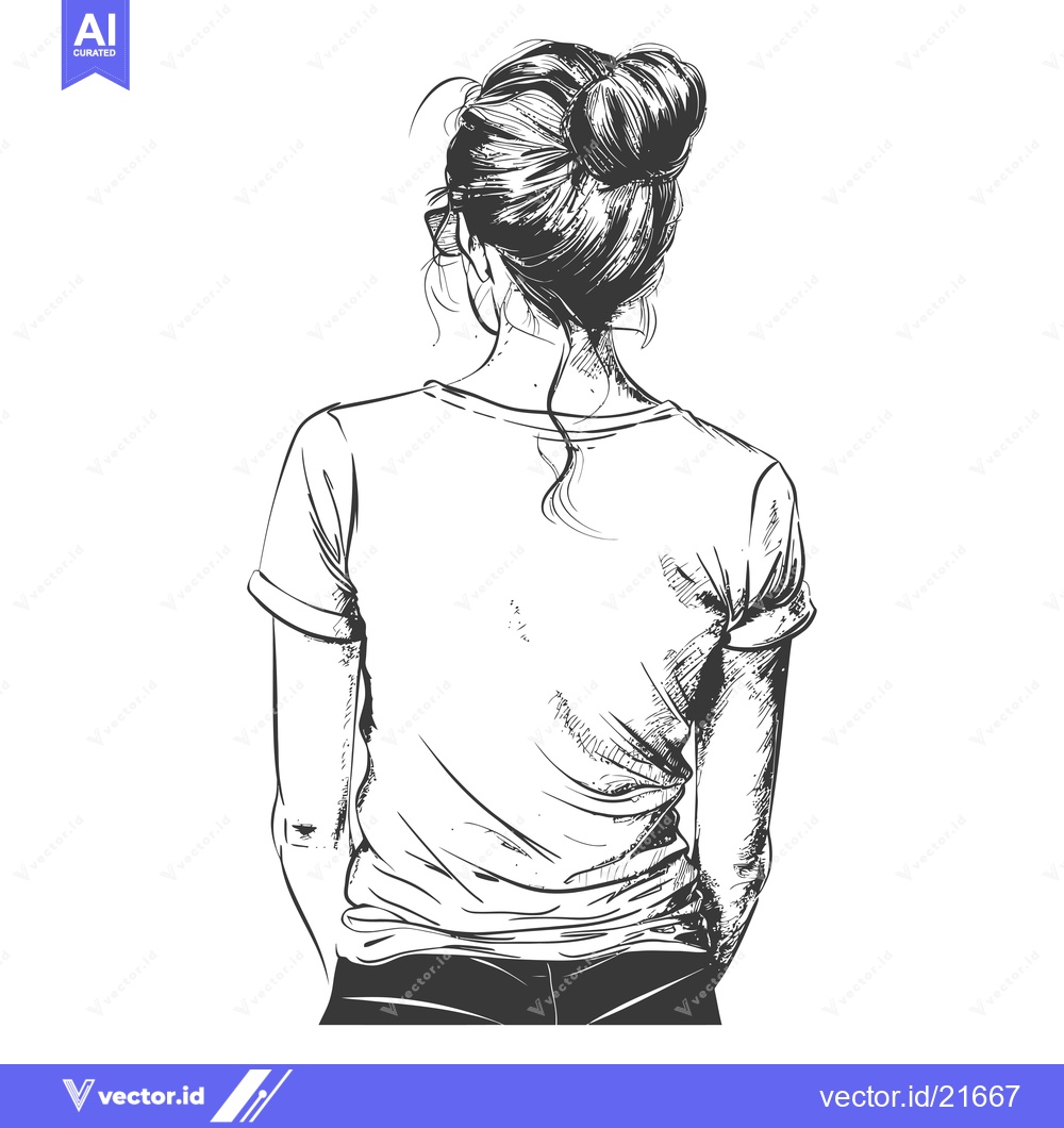 Premium Vector of Back view of a woman with hair in a bun, wearing a t-shirt
