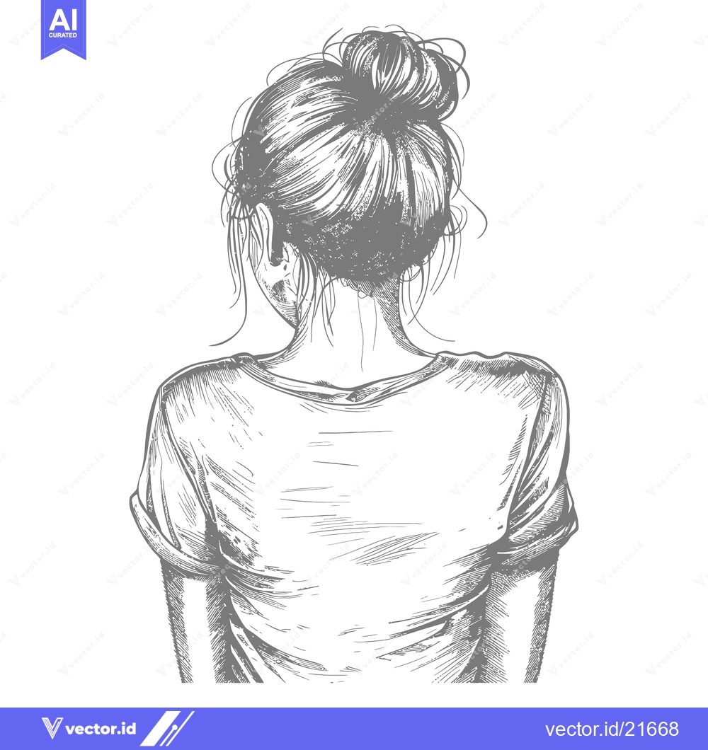 Premium Vector dari Back view of a woman with her hair in a bun, wearing a t-shirt