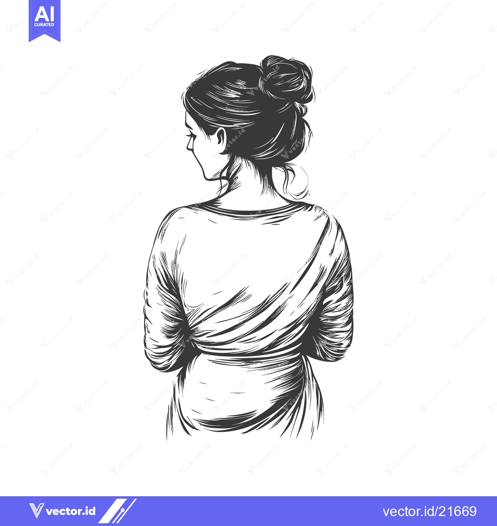 Premium Vector dari Back view of a woman with long hair in a bun, drawn in black and white