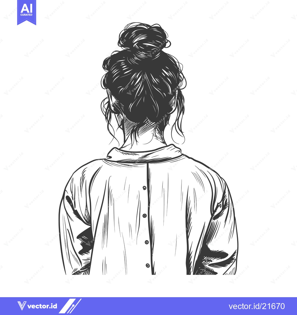Premium Vector of Back view of a woman with long hair in a messy bun