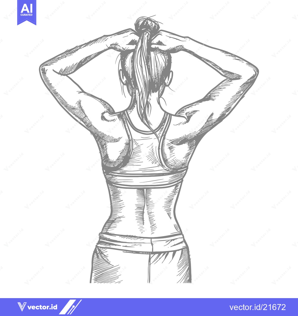 Premium Vector dari Back view of a woman with toned muscles, holding her ponytail