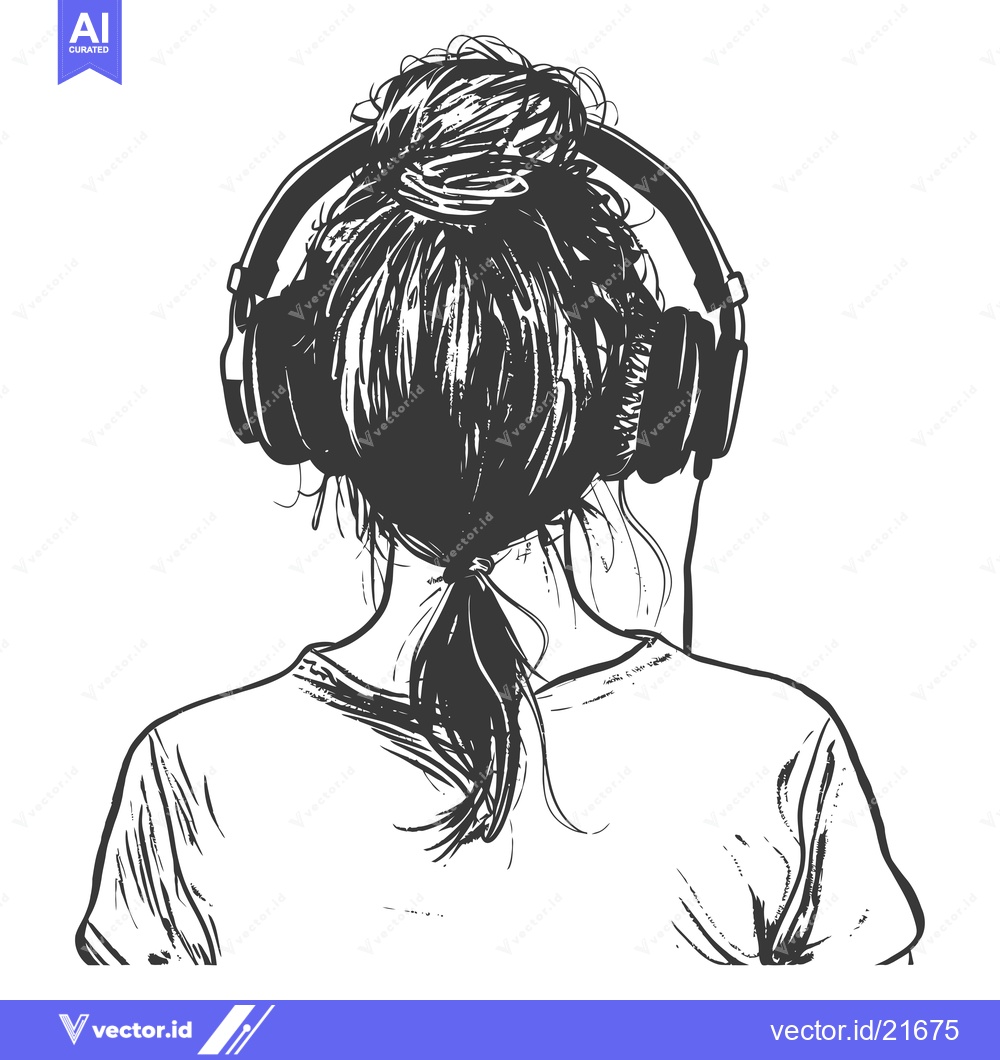 Premium Vector dari Back view of a young woman wearing headphones and a bun hairstyle