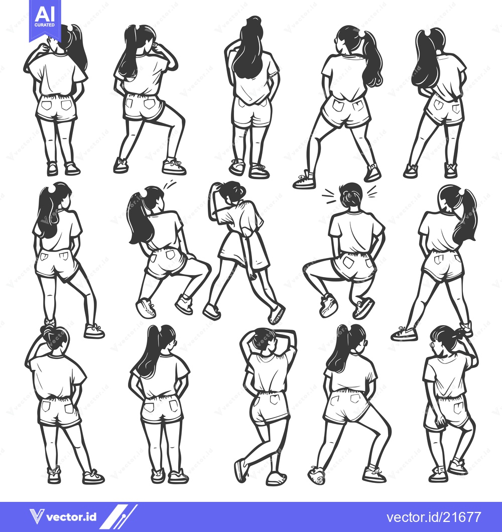 Premium Vector of Back view of girls in shorts and t-shirts, standing in various casual