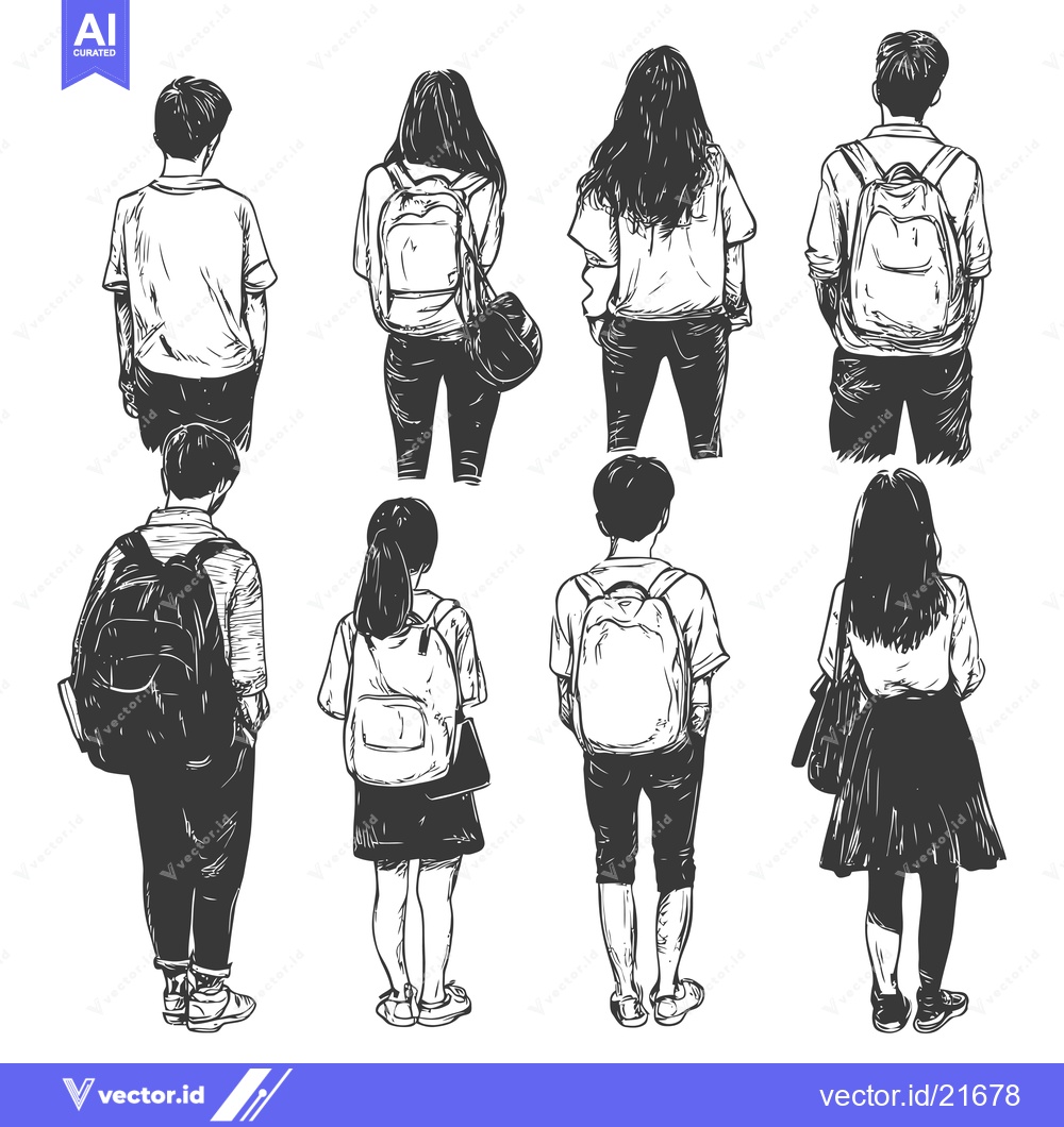 Premium Vector of Back View of Students with Backpacks