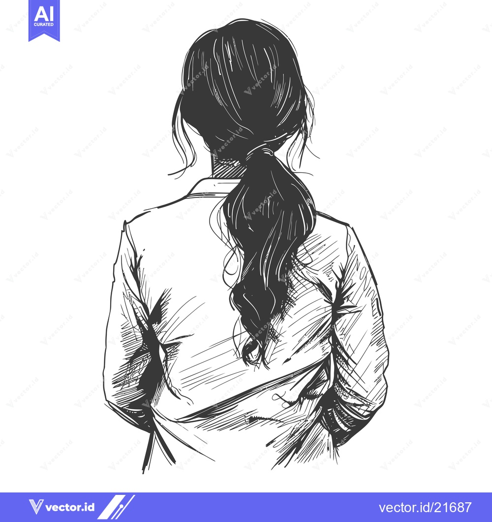 Premium Vector dari Back View Sketch of a Woman with Long Hair in a Ponytail
