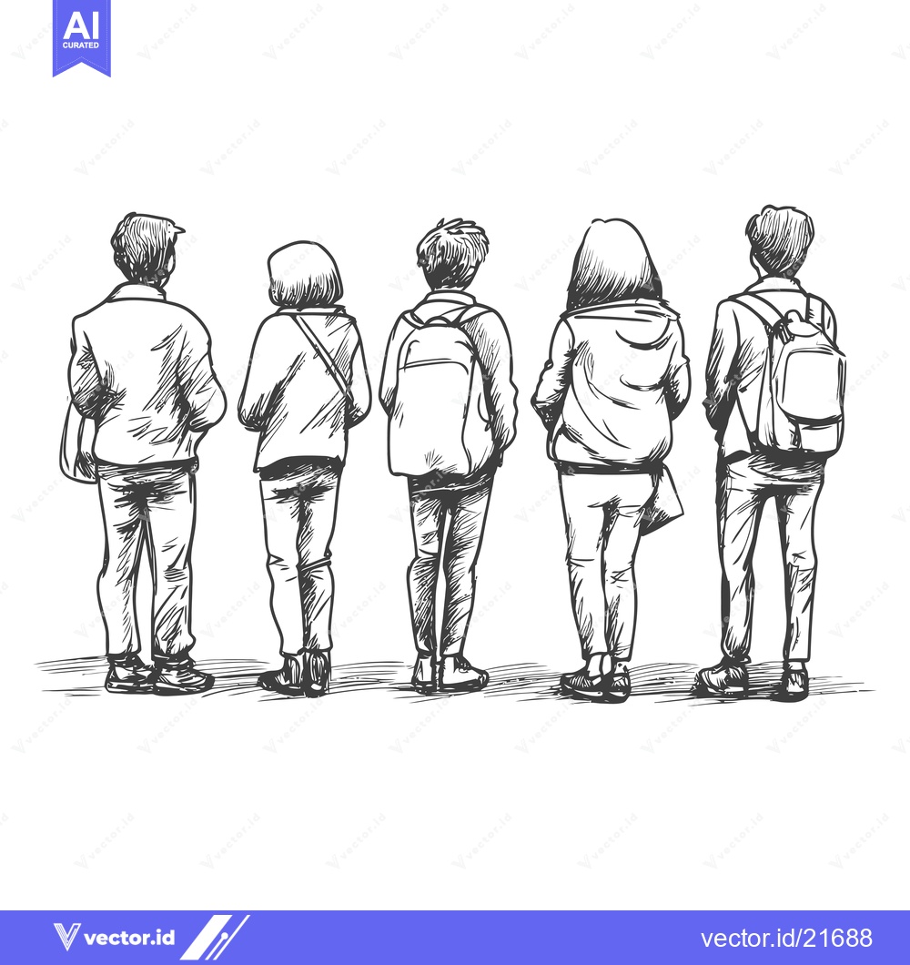Premium Vector dari Back view sketch of four teenagers with backpacks walking