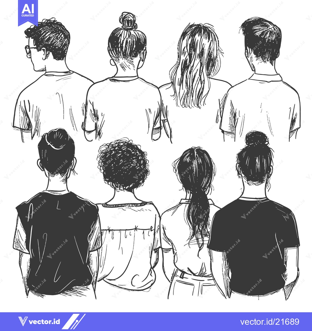 Premium Vector of Back View Sketch of Seven People in Casual Clothing