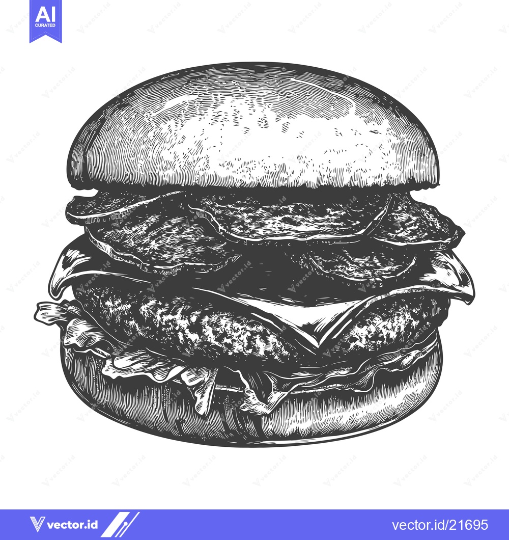 Premium Vector of A Delicious Engraved Monochrome Illustration of a Fresh Hamburger