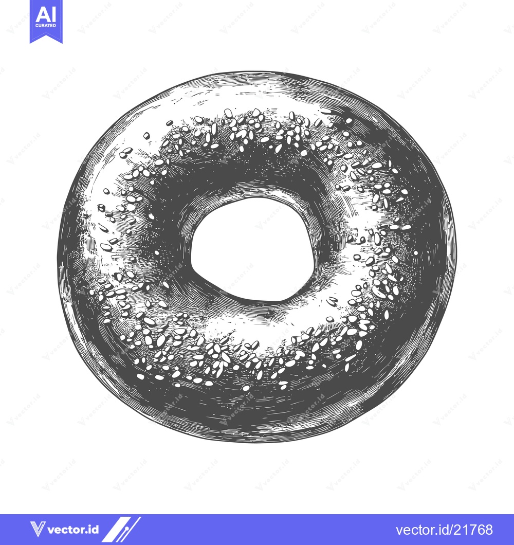 Premium Vector dari A bagel with sesame seed topping in grayscale illustration