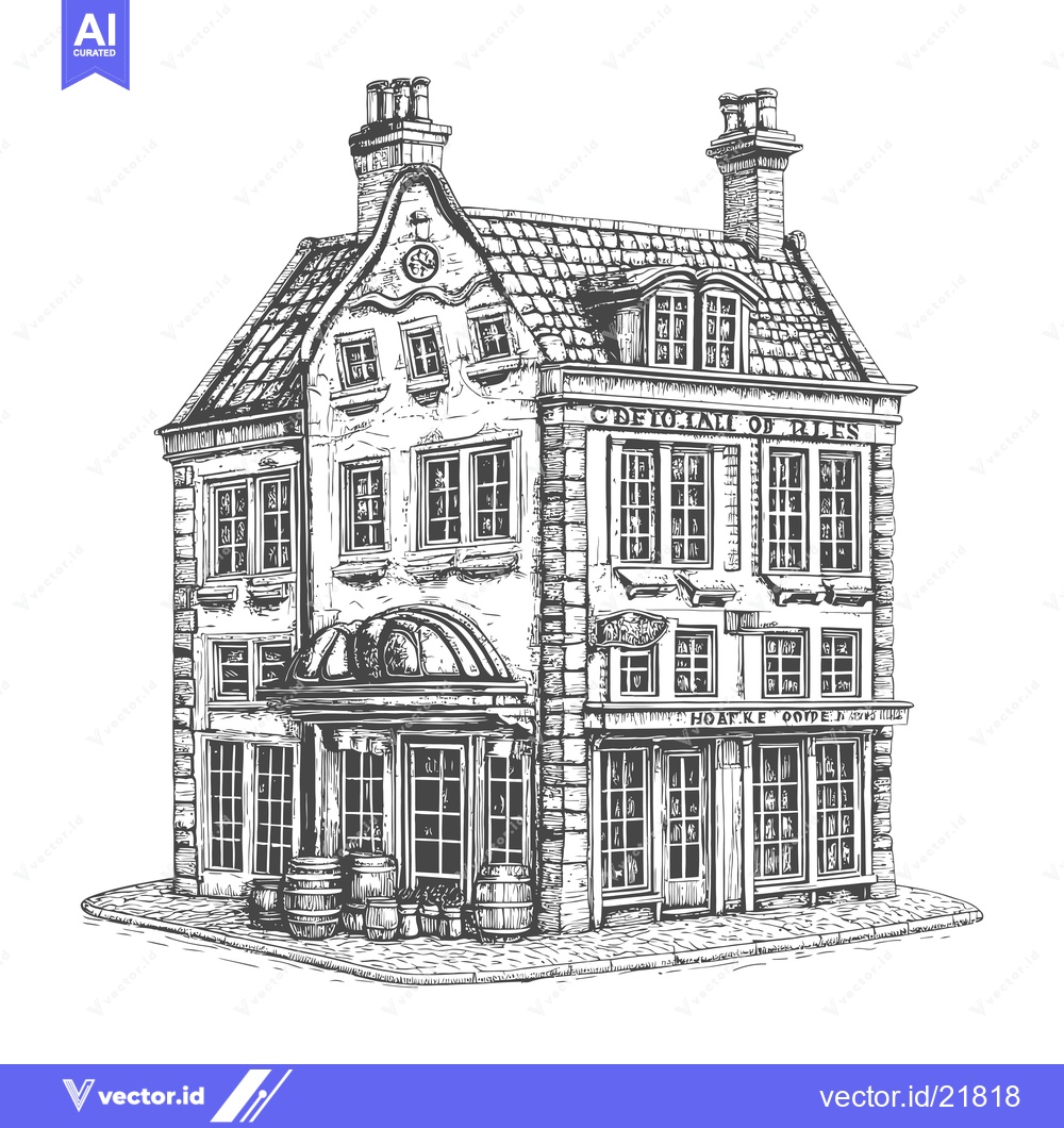 Premium Vector of A detailed illustration of a quaint building with windows and barrels