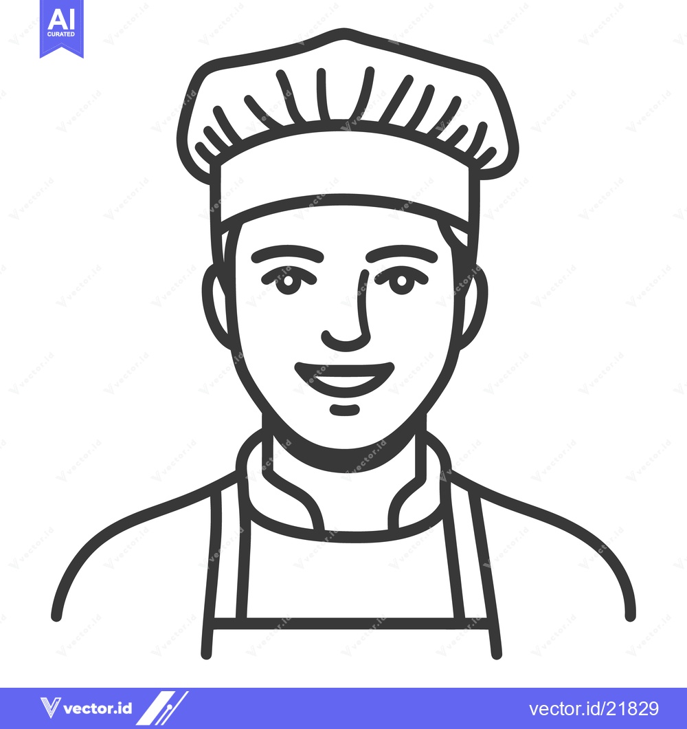 Premium Vector of Smiling chef wearing a tall white hat and an apron looks forward