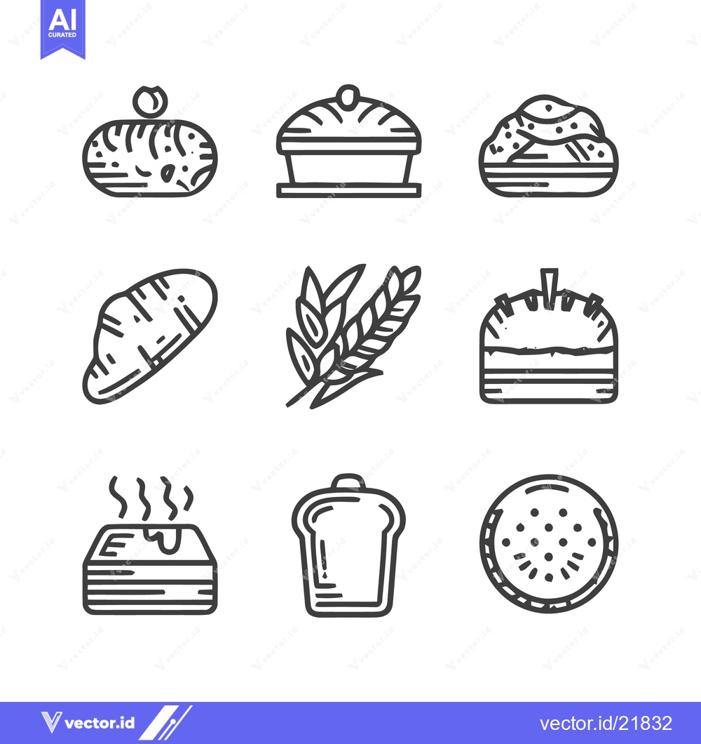 Premium Vector of Bakery Icons Set: Linear Style, Fresh Bread, Pastries, and Wheat