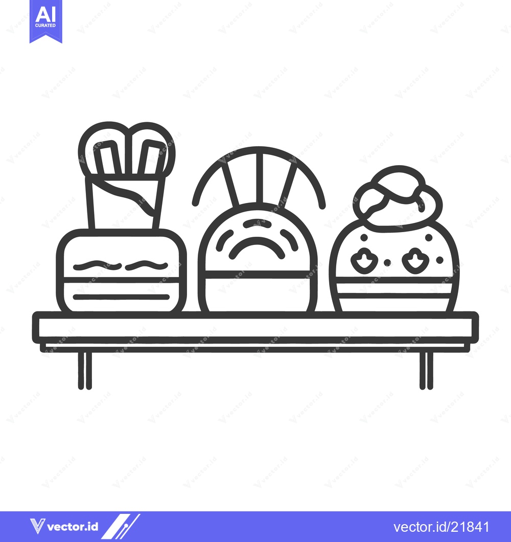 Premium Vector dari Three stylized pastries arranged on a simple rectangular display shelf