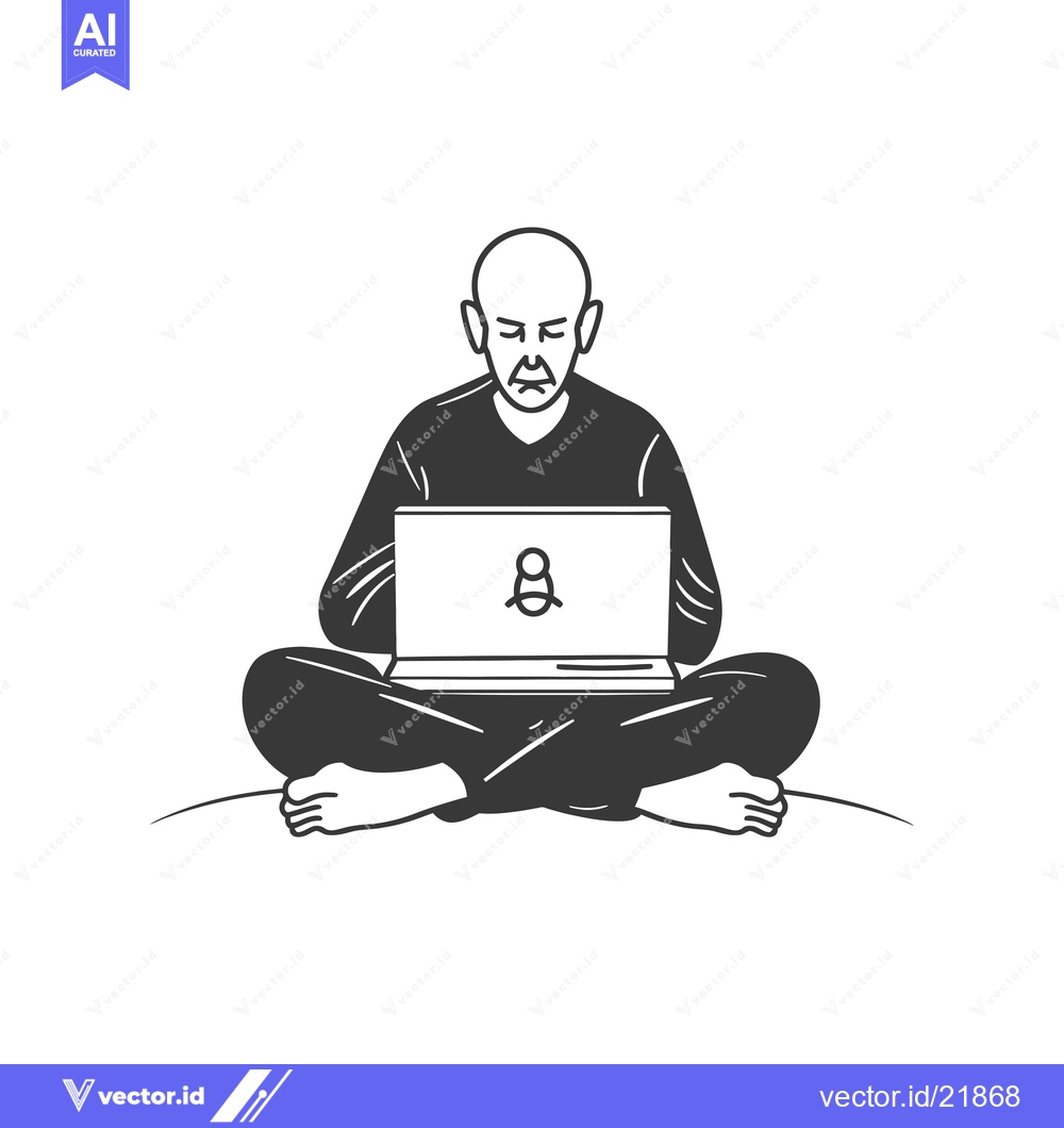 Premium Vector dari Bald Man Sitting In Lotus Position Using Laptop