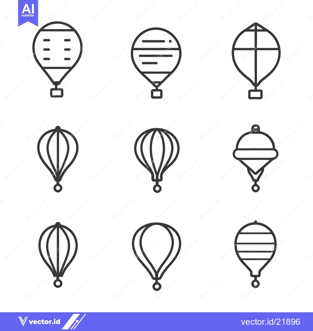 Premium Vector dari Nine different stylized representations of hot air balloons in a grid