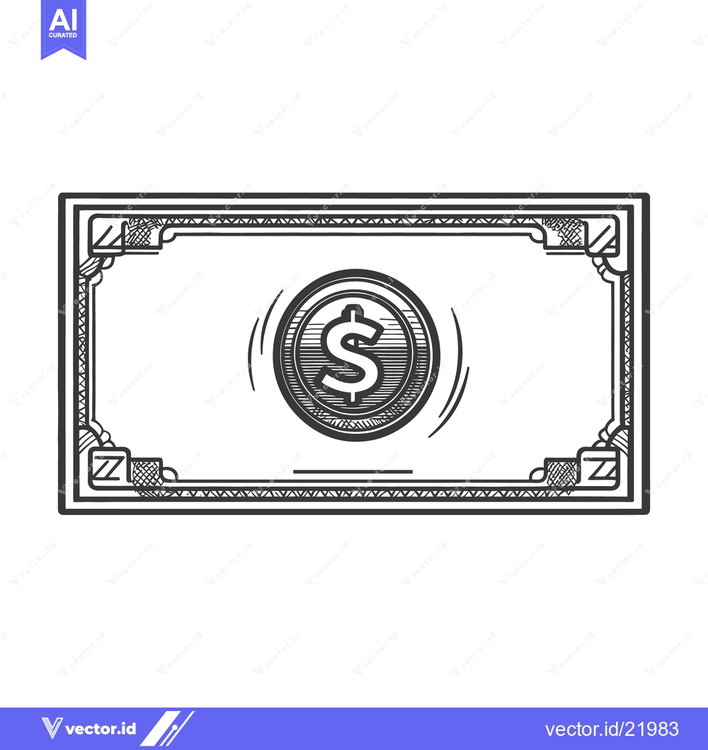 Premium Vector of A black and white illustration depicts a single dollar bill
