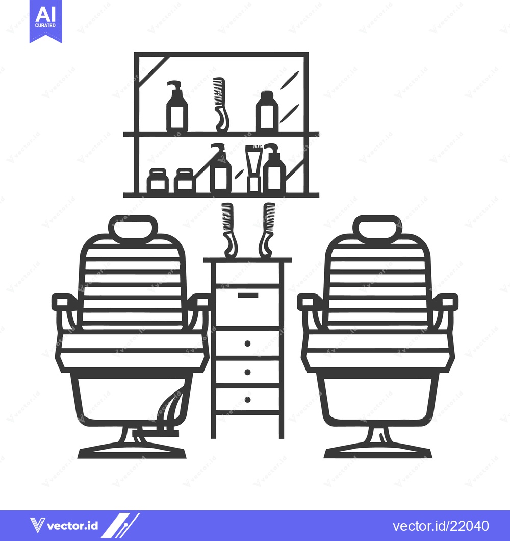 Premium Vector dari Two barber chairs with supplies and a cabinet between them