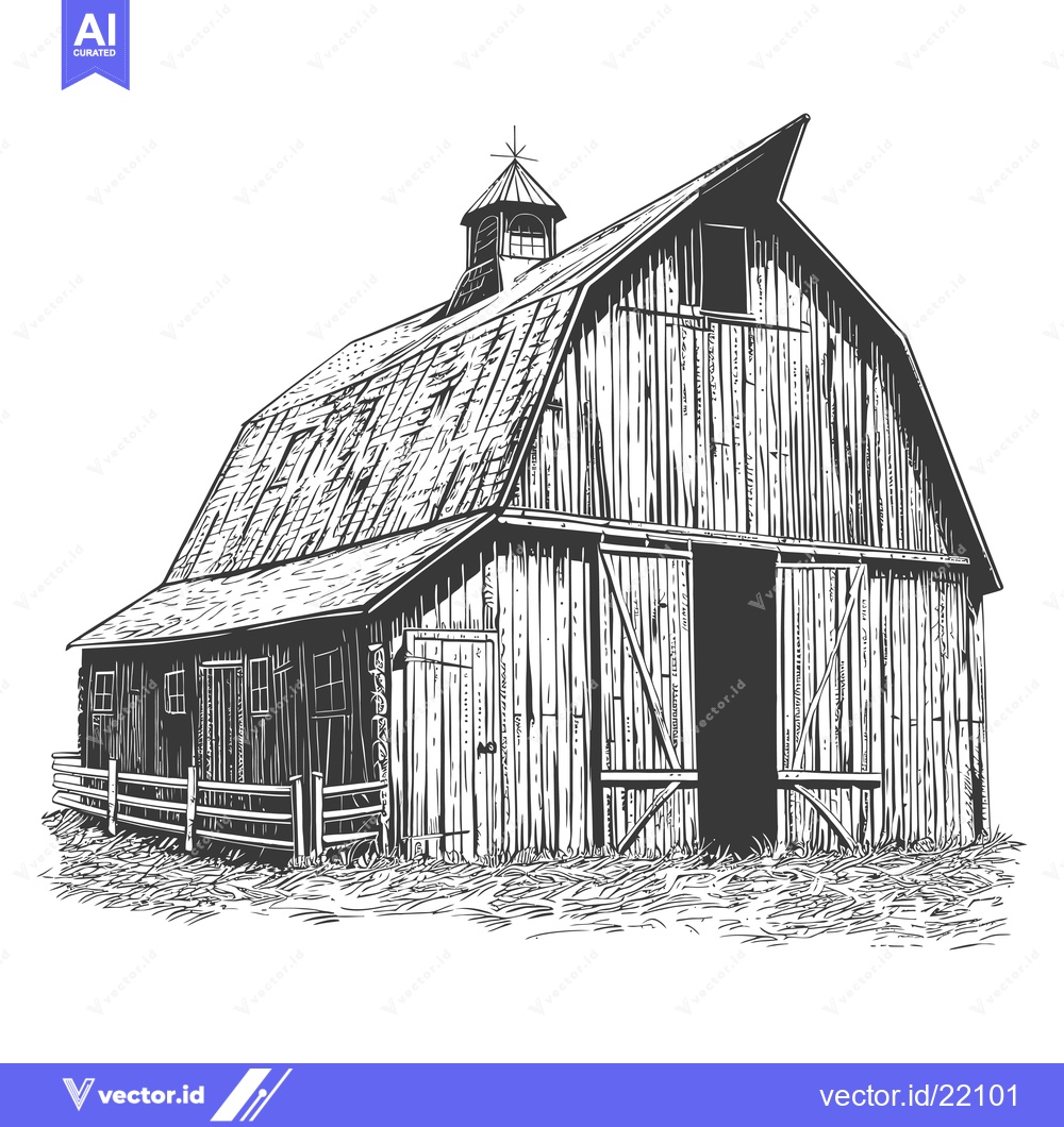 Premium Vector dari A grayscale image of a weathered barn in a rural landscape
