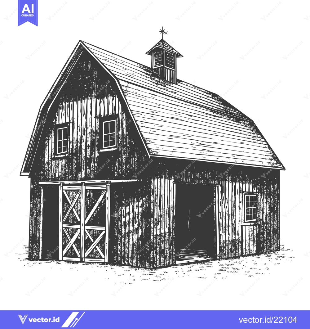 Premium Vector of A monochrome illustration depicting a wooden barn building and structu