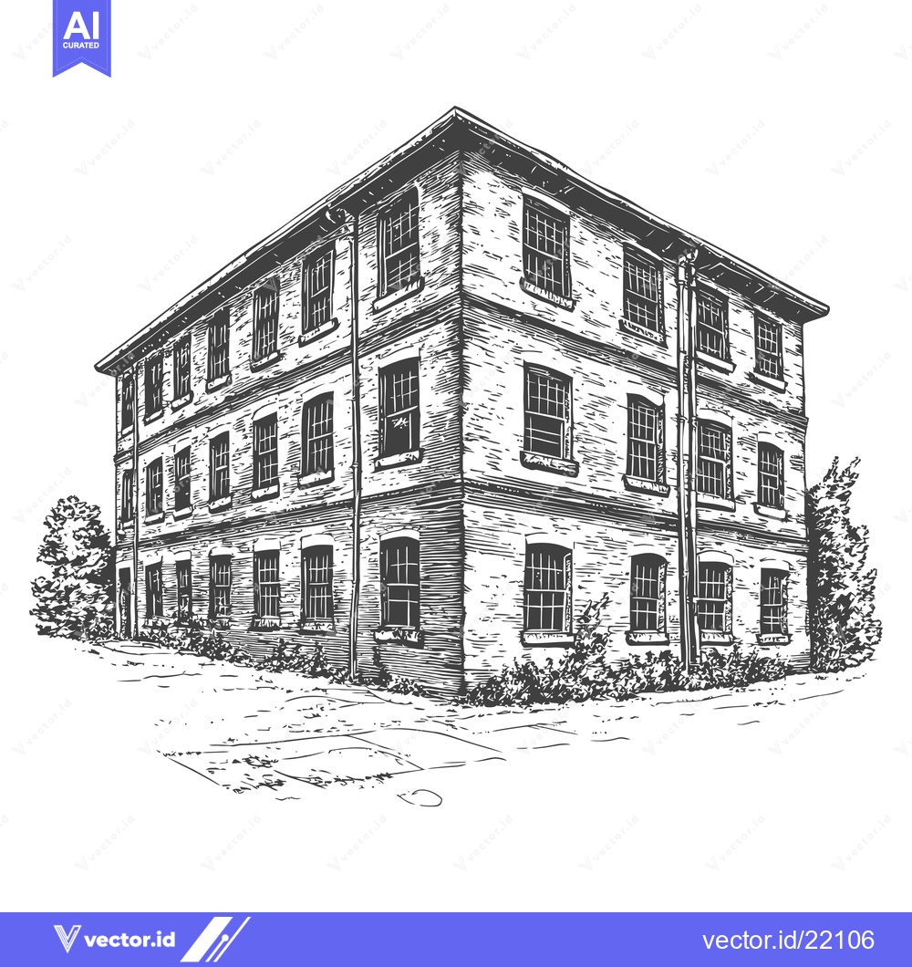 Premium Vector dari Three story brick building with many windows and a corner