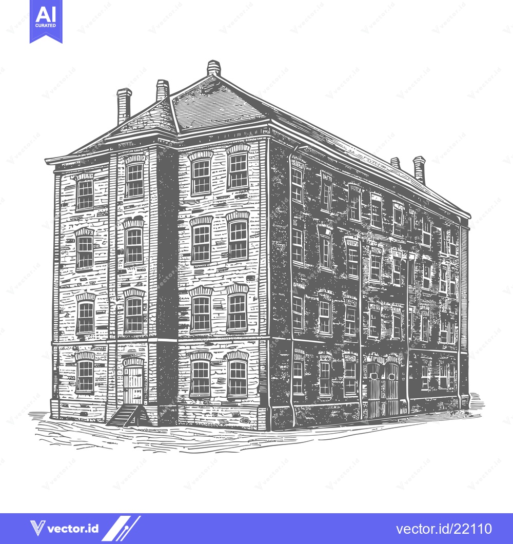 Premium Vector of A large brick building with many windows and a chimney