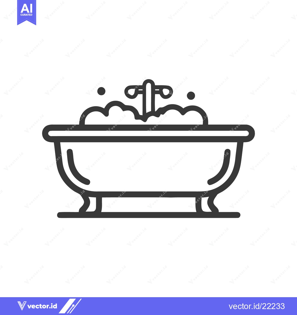 Premium Vector of Minimalist Bathtub Icon with Bubbles and Faucet, Dark Gray Outline