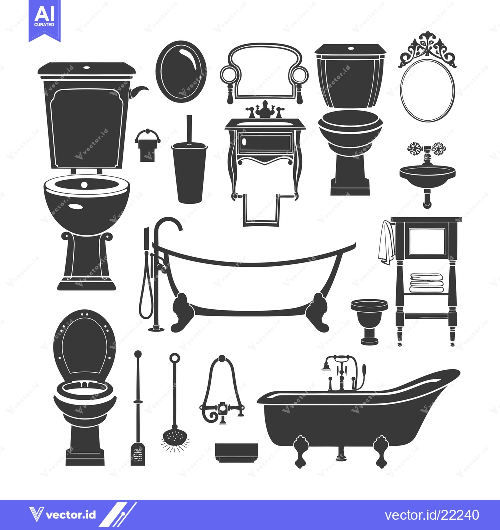 Premium Vector of Bathroom Fixture Silhouettes, Including Toilets, Sinks, Tubs, Mirrors,