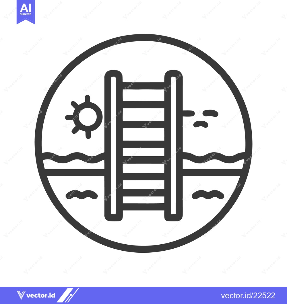 Premium Vector of Beach Ladder Icon: Minimalist Design with Sun, Sea, and Sand in a Circ