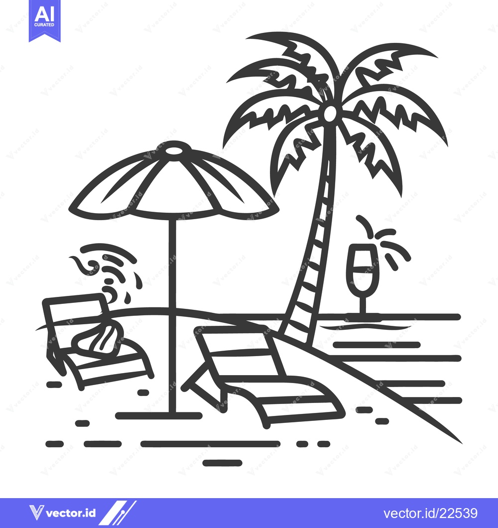 Premium Vector dari A relaxing beach scene featuring lounge chairs and a palm tree
