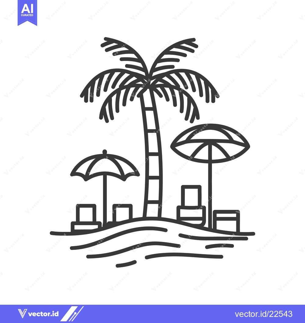 Premium Vector of A sunny beach scene featuring palm trees and beach furniture