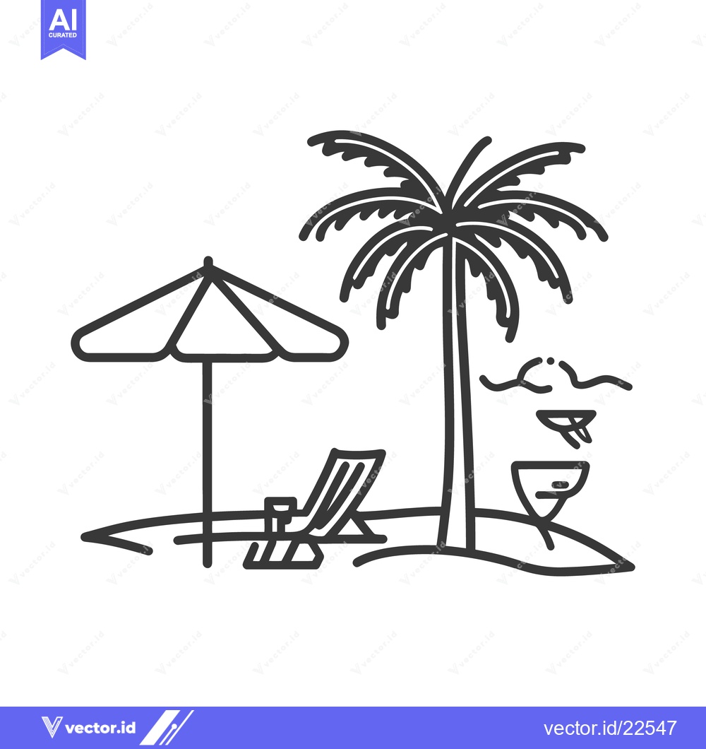 Premium Vector dari Simple line illustration depicts a relaxing beach scene with items