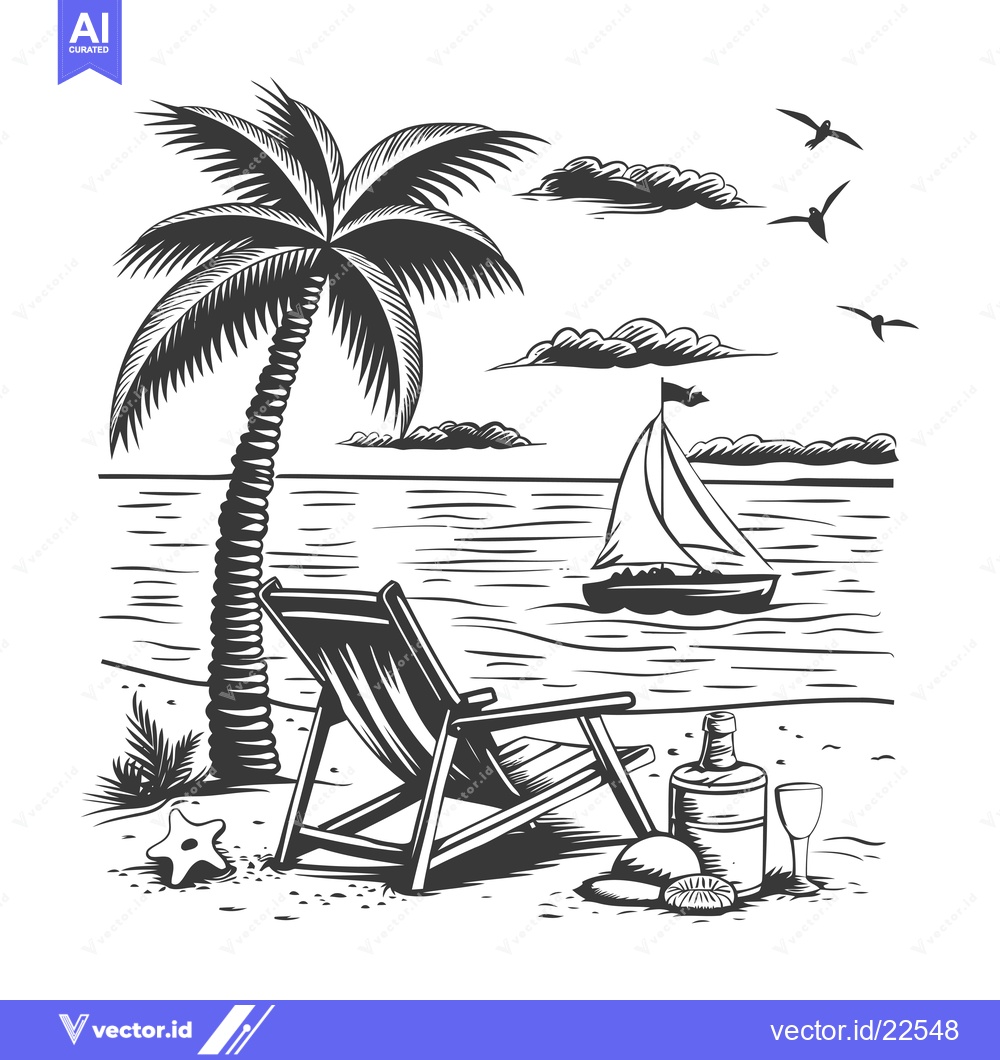 Premium Vector of Beach Relaxation with Palm Tree, Lounger, and Sailboat
