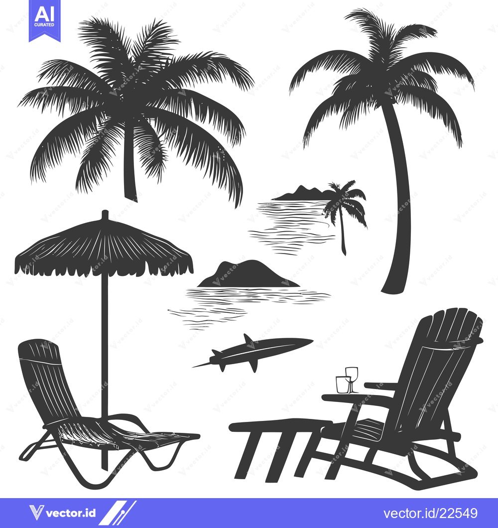 Premium Vector dari Beach Scene with Palm Trees, Lounge Chairs, and Umbrella