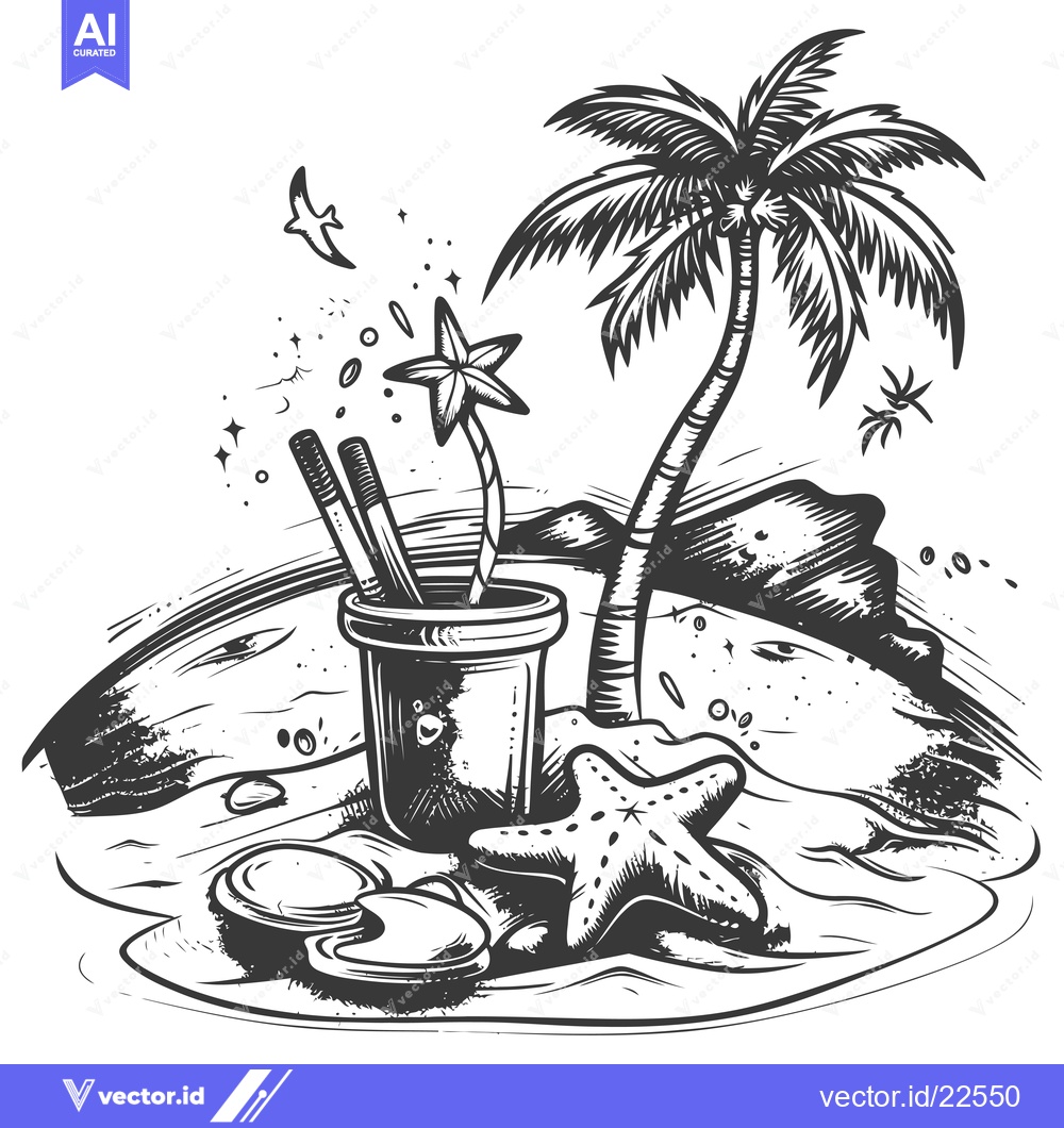 Premium Vector dari Beach Scene with Palm Tree, Starfish, and Drink