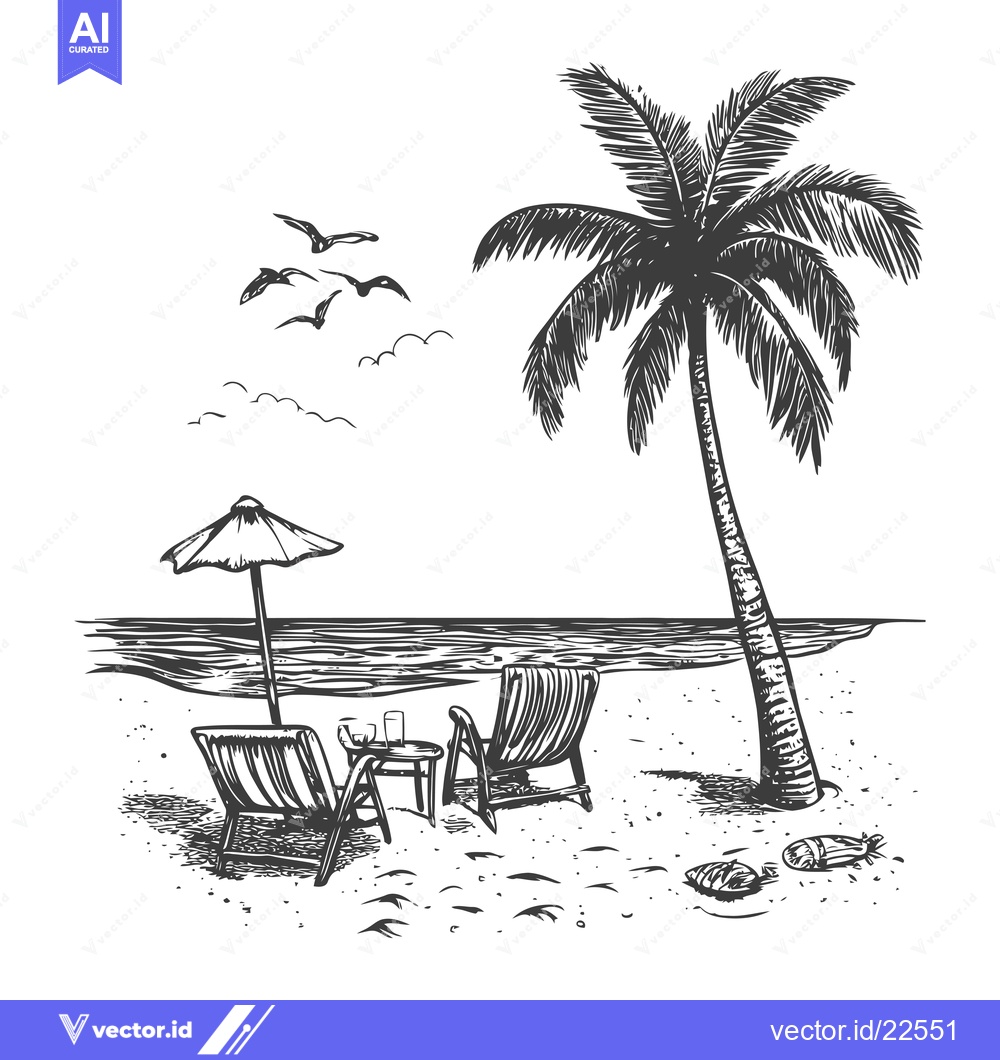 Premium Vector dari Beachside Relaxation with Palm Tree and Deckchairs