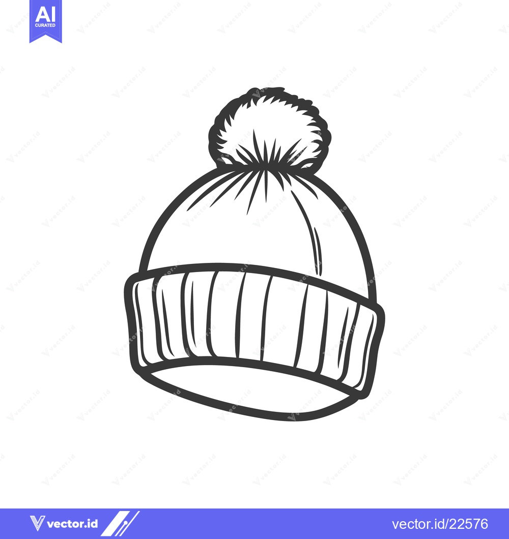 Premium Vector dari A black and white illustration of a winter hat with pom pom